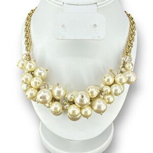 Signed J Crew Gold Tone Faux Pearl Cluster Clear Lucite Beaded Statement Necklac